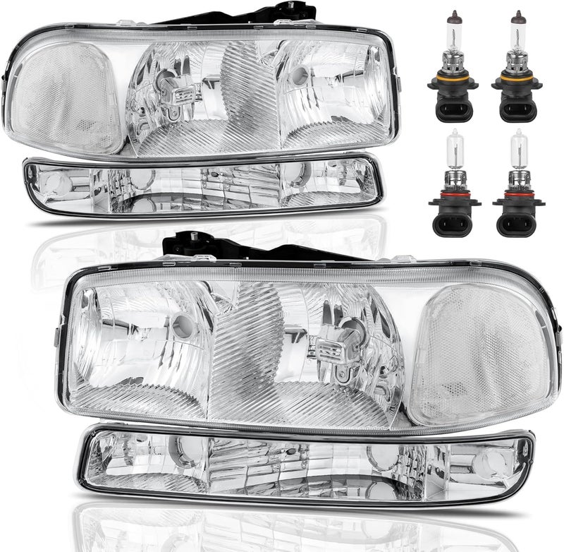 KUIPERAUTO Headlight Assembly Front Lamp Compatible with 1999-2006 GMC Sierra 1500 2500, 2000-2006 GMC Yukon Headlamp w/Bulb Chrome Housing/Clear Lens/Clear Corner - Image 1